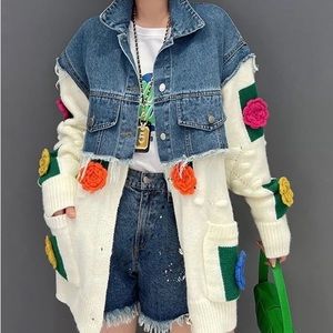 Unique Jean/knited jacket with flowers